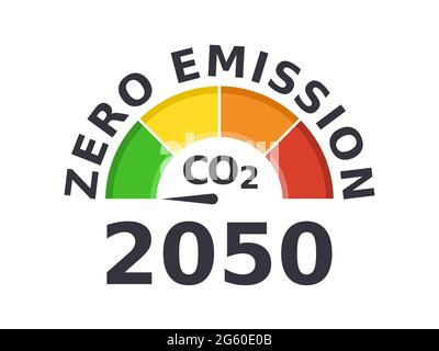 Bis 2050 keine Emissionen mehr. CO2-neutral. Instrumentenpfeil auf Null gesetzt. Nettoziel von null Treibhausgasemissionen. Klimaneutrale langfristige Strategie.Vektor Stock Vektor