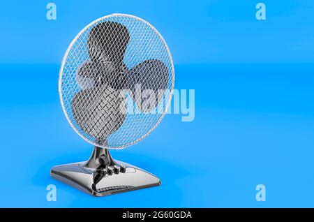 Tischventilator auf blauem Hintergrund, 3D-Rendering Stockfoto