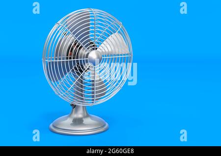 Vintage Tischventilator auf blauem Hintergrund, 3D-Rendering Stockfoto