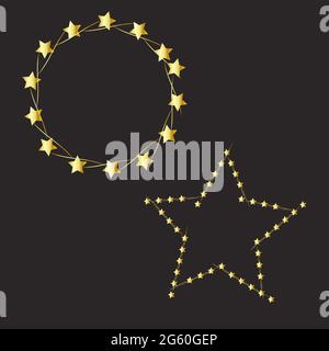 Rahmen aus Sternen, golden leuchtend auf dunklem Hintergrund. Glänzender Rahmen mit leuchtenden Effekten Stock Vektor