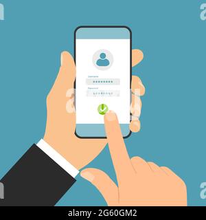 Flache Design-Illustration des Managers Hand hält Smartphone und auf Login-Touchscreen mit Benutzername und Passwort - Vektor Stock Vektor