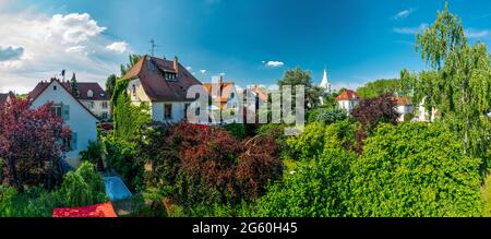Panoramablick auf das Wohngebiet von Straßburg. Sommersonne und helle Grüntöne und Ziegeldächer. Frankreich Stockfoto