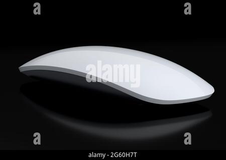 Realistische weiße kabellose Computermaus mit isolierter Berührung auf schwarzem Hintergrund. Stockfoto