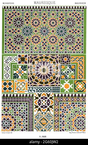 Maurische Kunst – Mosaike – emaillierte Terrakotta-Fliesen – von der Alhambra in Granada und Alcazar in Sevilla – von der Ornament 1880. Stockfoto