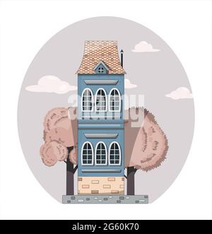 Europäische Hausfassade. Vektorgrafik. Flaches Design. Niedliche klassische Gebäude. Cartoon-Stil. Retro-Außenansicht. Stock Vektor