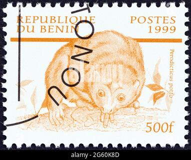 BENIN - UM 1999: Eine in Benin gedruckte Briefmarke aus der "Säugetiere"-Ausgabe zeigt Potto (Perodicticus potto), um 1999. Stockfoto