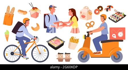 Cartoon Fastfood-Lieferung Sammlung mit Online-Bestellung von Handy-App am Telefon, Kurier liefert Pizza Nudeln nach Hause Hot Dog isoliert auf weiß. Schnell Stock Vektor