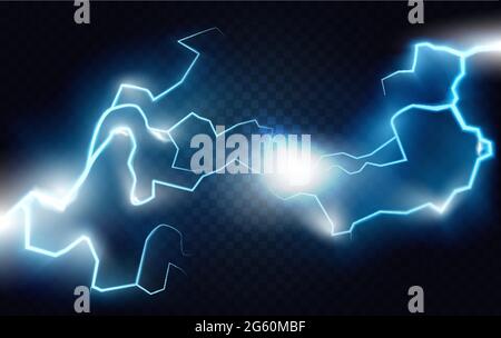 Blitz Blitz Blitz Gewitter Blitz, zwei abstrakte realistische blaue Blitz in Sturm Nacht Himmel Vektor-Illustration. Licht funkelt Donner Schock, Energie Energie Funkenladung, Gewitter in dunklem Hintergrund Stock Vektor