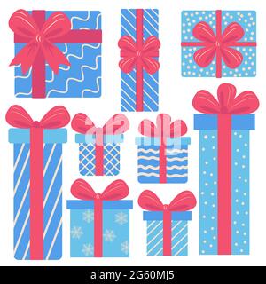 Geschenkschachteln, Geschenke Icon-Set. Handgezeichnete Doodle-Kollektion. Verkaufskonzept. Geburtstagsfeier Weihnachten. Zeichentrickelemente, flaches Design illustrati Stock Vektor