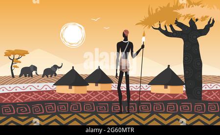 Vektor-Illustration für afrikanische Landschaft, Dorf und afrikanische Menschen. Cartoon-Mann Ureinwohner mit Speer in der Nähe von Häusern in abstrakter geometrischer Savanne, Sonne am Himmel, Bäume und Elefantentiere Hintergrund stehen Stock Vektor