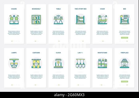 Möbel Interieur, Haus Zimmer Einrichtung Design Vektor Illustration. UX, UI Onboarding mobile App Seite Bildschirm mit Linie Stuhl Bücherregal Tisch Bett Sessel Vorhänge Lampe Uhr Kamin Nachttisch Stock Vektor