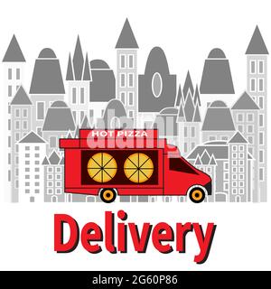 Roter Pizzawagen. Urbaner Panoramahintergrund. Wagenauslieferung. Sonnenschirm über dem Schaufenster. Flaches Vektordesign für Werbung, Festival, Speisekarte Stock Vektor