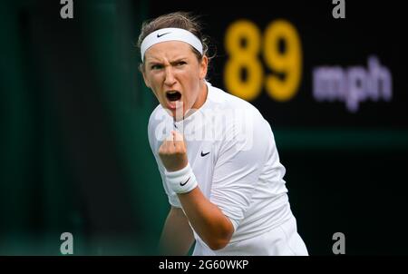 Victoria Azarenka aus Weißrussland im Einsatz gegen Kateryna Kozlova aus der Ukraine während der ersten Runde der Wimbledon 2021-Meisterschaft, Grand Slam-Tennisturnier am 30. Juni 2021 im All England Lawn Tennis and Croquet Club in London, England - Foto Rob Prange / Spanien DPPI / DPPI Stockfoto