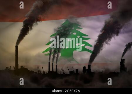 Starker Rauch von Fabrikschornsteinen auf Libanonflagge - Konzept der globalen Erwärmung, Hintergrund mit Platz für Ihr Logo - industrielle 3D-Illustration Stockfoto