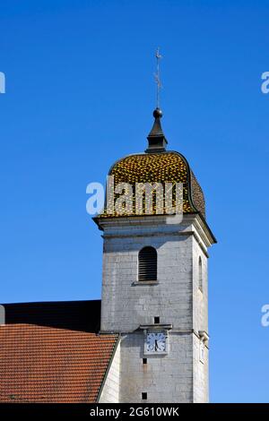 Frankreich, Doubs, Bretonvillers, Krippe die Kirche Notre Dame wurde 1766 umgebaut, der Glockenturm von 1827 Stockfoto