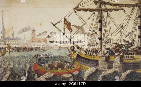 BOSTON, MASSACHUSETTS, USA - 16. Dezember 1773 - Etching von Bürgern, die Tee von den Söhnen der Freiheit im Hafen von Boston im Jahr 1773 aus Protest gegen die 1 Stockfoto