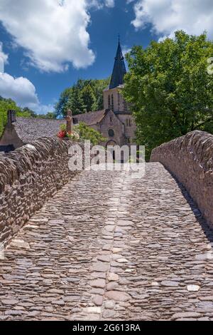 Frankreich, Aveyron, Dorf Belcastel, ehemalige Etappe auf der Straße nach Saint-Jacques-de-Compostelle, Dorf, das als eines der schönsten Dörfer Frankreichs bezeichnet wird, Steinbrücke aus dem 15. Jahrhundert über Aveyron mit der Kirche Sainte-Marie-Madeleine im Hintergrund, Kirche aus dem 15. Jahrhundert Stockfoto