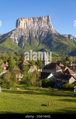 Frankreich, Isere, Region Trièves, regionaler Naturpark Vercors, das Dorf Chichilianne und der Mont Aiguille (2086 m) Stockfoto