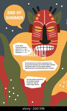 Abstrakte Wandkunst mit Wellenformen, hawaiianische Tiki-Maske in tropischer Sommer-Vektorgrafik. Cartoon Tribal Holzgesicht Totem aus Hawaii, Vorlage Hintergrund für Social-Media-Geschichte, Wandkunst Dekor Stock Vektor