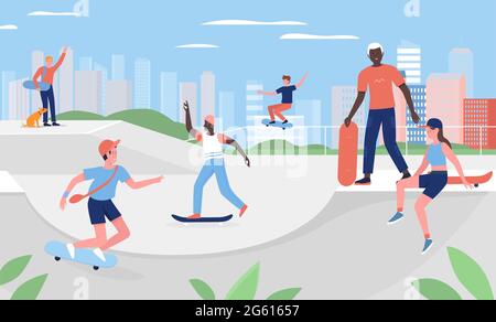 Menschen Skateboarding in städtischen Stadtpark, üben Spaß Extremsport Outdoor-Aktivität Vektor Illustration. Cartoon sportlich aktive junge und alte Skateboarder Charaktere springen mit Skateboard Hintergrund Stock Vektor