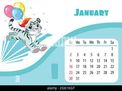 Horizontales Desktop Kinderkalender Design für Januar 2022, das Jahr des Tigers im chinesischen Kalender. Niedliche laufende weiße Tiger-Charakter mit Stock Vektor