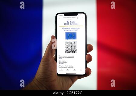 In dieser Abbildung am 1. Juli 202 in Warschau, Polen, ist ein EU-COVID-Zertifikat auf einem mobilen Gerät mit einer französischen Flagge im Hintergrund zu sehen Stockfoto