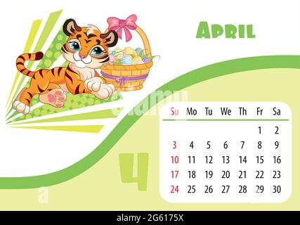 Horizontales Desktop Kinderkalender Design für April 2022, das Jahr des Tigers im chinesischen Kalender. Niedlicher Tiger-Charakter mit Korb von Ostern Stock Vektor