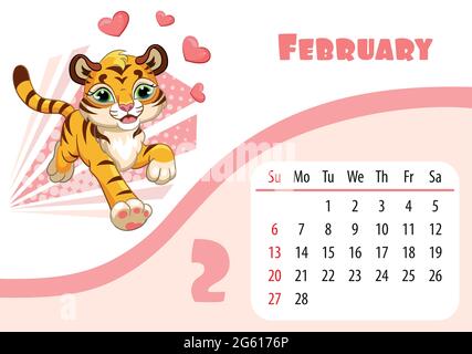 Horizontales Desktop Kinderkalender Design für Februar 2022, das Jahr des Tigers im chinesischen Kalender. Niedliche laufende Tiger Junge Charakter mit h Stock Vektor