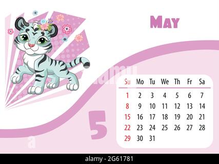 Horizontales Desktop Kinderkalender Design für Mai 2022, das Jahr des Tigers im chinesischen Kalender. Niedlicher Tiger-Junge-Charakter mit Blumen. Vecto Stock Vektor