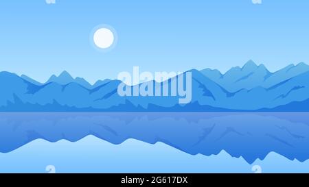 Bergsee ruhige sonnige Landschaft Vektor-Illustration. Cartoon frische Schönheit Panorama-Landschaft, landschaftlich blaues Wasser mit Spiegelung der Berge, Sonne in klarem Himmel, Reise Natur Abenteuer Hintergrund Stock Vektor