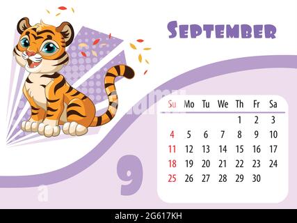 Horizontales Desktop Kinderkalender Design für September 2022, das Jahr des Tigers im chinesischen Kalender. Niedliche sitzende Tiger Junge Charakter mit Stock Vektor