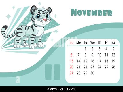 Horizontales Desktop Kinderkalender Design für november 2022, das Jahr des Tigers im chinesischen Kalender. Niedlicher stehender Tiger-Charakter mit Schnee Stock Vektor