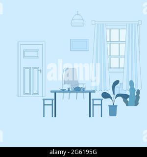 Modernes Interieur des Wohnzimmers. Apartments mit Fenster und gemütlichen Möbeln Tisch, Lampe, Bild, Blumen. Isolierte Vorlage für Vektordarstellung Stock Vektor