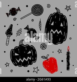 Kürbis, Pilz, Süßigkeiten, Apfel, Kerze handgezeichnete Vektorgrafik. Halloween Vektor-Set. Sammlung von halloween-Attributen und Symbolen Stock Vektor