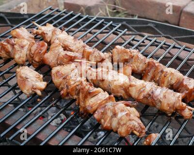 Fleischspieße auf feurigen Kohlen Stockfoto