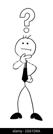 Stickman Geschäftsmann Charakter verwirrt, Vektor-Cartoon-Illustration. Schwarz umrandet und weiß gefärbt. Stock Vektor