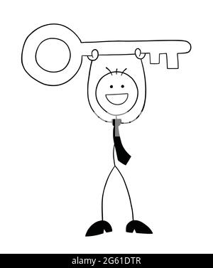 Stickman Geschäftsmann Charakter glücklich und Anhebung großen Schlüssel, Vektor-Cartoon-Illustration. Schwarz umrandet und weiß gefärbt. Stock Vektor