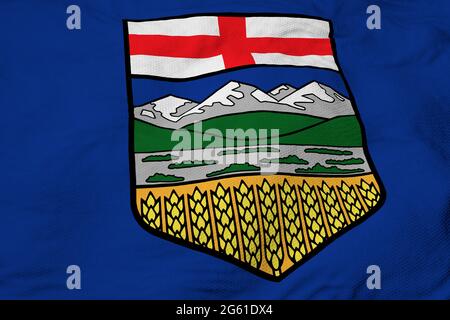 Nahaufnahme einer winkenden Flagge von Alberta (Kanada) in 3D-Darstellung. Stockfoto