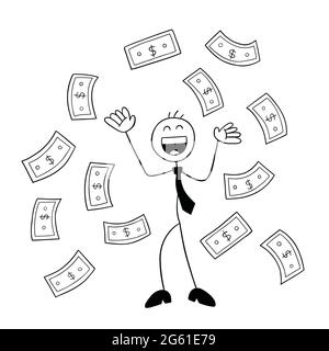 Stickman Geschäftsmann Charakter glücklich und Papier Geld schweben in der Luft, Vektor-Cartoon-Illustration. Schwarz umrandet und weiß gefärbt. Stock Vektor