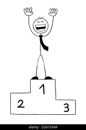 Stickman Geschäftsmann Charakter in den ersten Platz auf einem Podium und sehr glücklich, Vektor-Cartoon-Illustration. Schwarz umrandet und weiß gefärbt. Stock Vektor