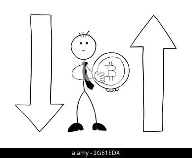 Stickman Geschäftsmann Charakter hält Bitcoin Münze und mit Pfeilen nach unten und oben bewegen, Vektor-Cartoon-Illustration. Schwarz umrandet und weiß gefärbt. Stock Vektor