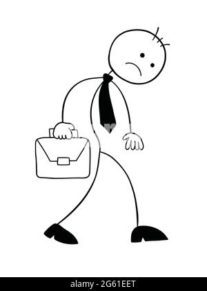 Stickman Geschäftsmann Charakter unglücklich und zu Fuß mit Aktentasche, Vektor-Cartoon-Illustration. Schwarz umrandet und weiß gefärbt. Stock Vektor