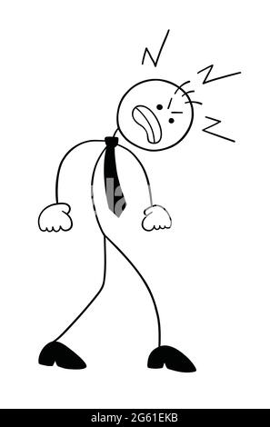 Stickman Geschäftsmann Charakter zu Fuß und sehr wütend, Vektor-Cartoon-Illustration. Schwarz umrandet und weiß gefärbt. Stock Vektor