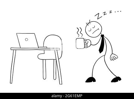 Stickman Geschäftsmann Charakter sehr verschlitzt, zu seinem Schreibtisch mit Kaffee, Vektor-Cartoon-Illustration. Schwarz umrandet und weiß gefärbt. Stock Vektor