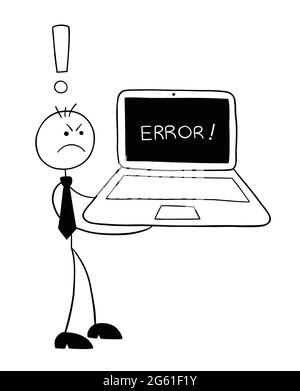 Stickman Geschäftsmann Charakter wütend, weil Laptop-Fehler, Vektor-Cartoon-Illustration. Schwarz umrandet und weiß gefärbt. Stock Vektor