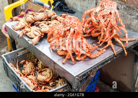 Krabben auf dem Fischmarkt in Puerto Montt, Chile Stockfoto