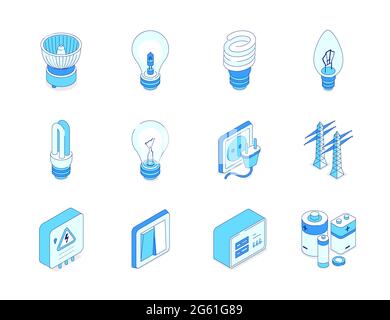 Elektrische Versorgung - Moderne Linie isometrische Symbole gesetzt. Beleuchtung Ausrüstung und Strom Idee. Halogen-, Leuchtstoff-, Glühlampen, LED-Lampe, pl Stock Vektor