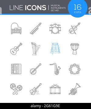 Musikinstrumente - Linie Design Stil Symbole gesetzt. Musikschule, Sound Studio Idee. Bilder von Klavier, Akkordeon, Djembe, Violine, Gitarre, Harfe, Trommel, Stock Vektor