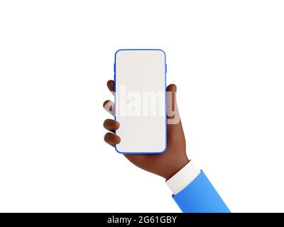 Smartphone-Mockup in afroamerikanischer Hand 3d-Renderdarstellung auf weißem Hintergrund. Stockfoto