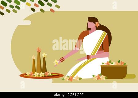Eine Frau trägt traditionelle Kleidung tun florale Designs auf dem Boden. Konzept des Onam-Festivals in Kerala Stock Vektor